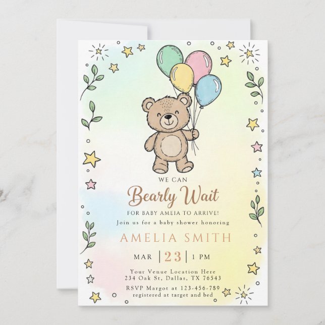 Invitation Cute Watercolor Teddy bear Illustration babyshower (Devant)