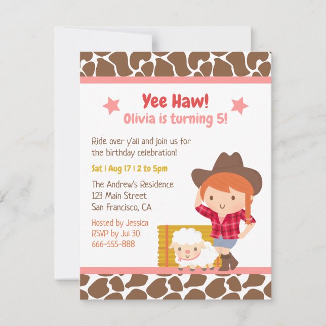 Invitation Cute Western Cowgirl Farm Anniversaire de enfant P (Devant)
