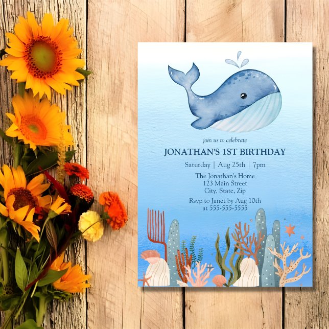 Invitation Cute Whale Blue Sea Coral Reef 1er Anniversaire (Créateur téléchargé)