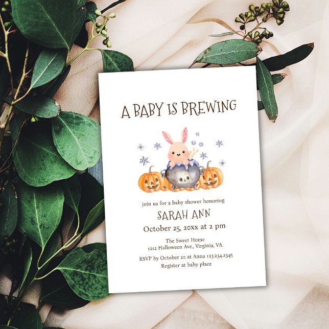 Invitation Cute Whimsical Bunny brassant Haloween Baby shower (Cute Whimsical Bunny Brewing Haloween Baby Shower Invitation)