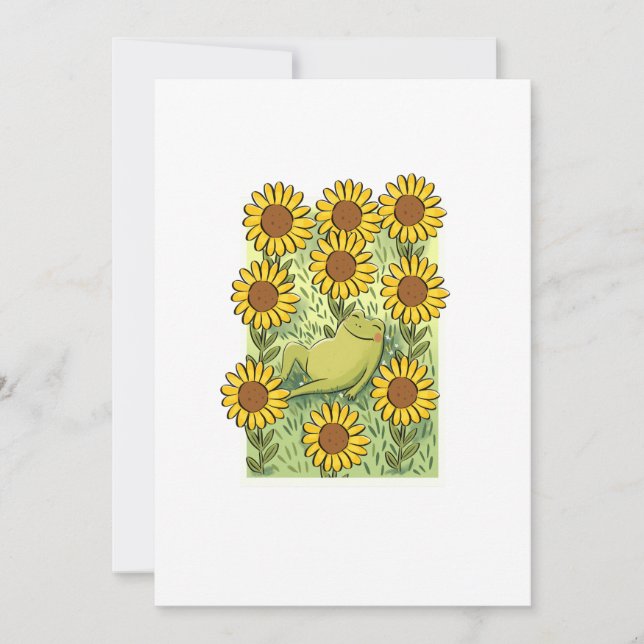 Invitation Cute Whimsical Frog And Sunflowers Illustration (Devant)