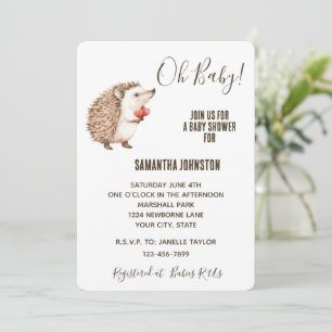 Invitation Cute White Cream Brown Hérisson Coeur Baby shower