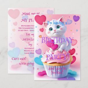 Invitation Cute White Kitten et Cupcake Girl Birthday Party