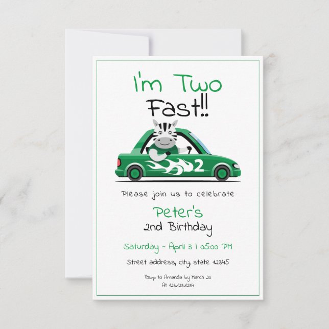 Invitation Cute White Race Car Zebra Deux Fast 2e Anniversair (Devant)