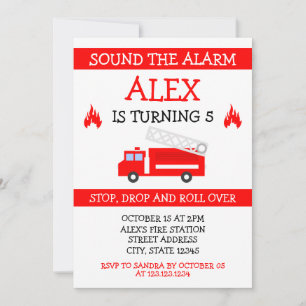 Invitation Cute White & Red Vector Enfants Firetruck Annivers