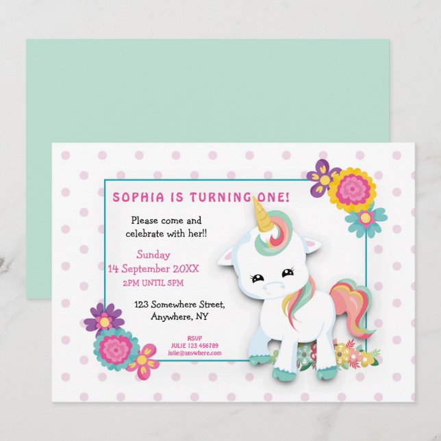 Invitation Cute White Unicorn Dots Filles Premier Anniversair (Devant / Derrière)