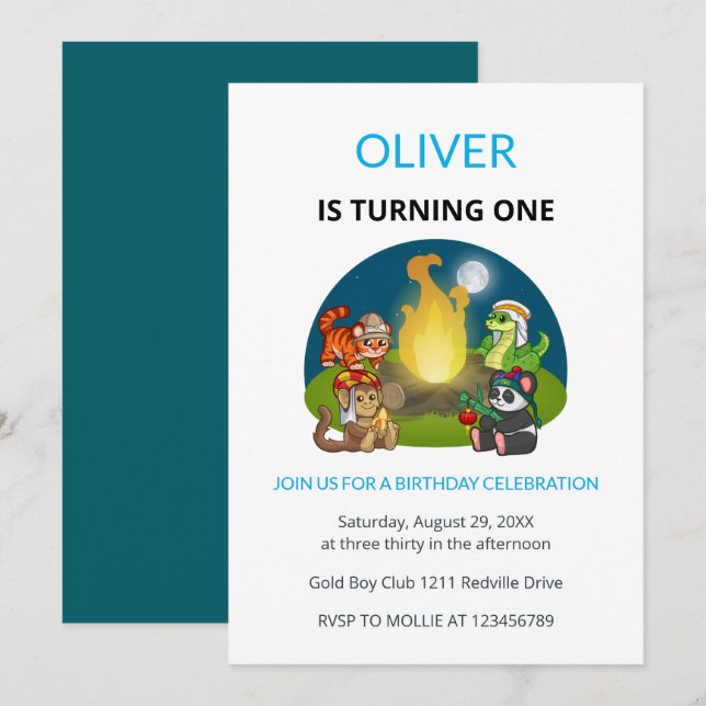 Invitation Cute Wild Animals Campfire Kids First Birthday (Devant / Derrière)