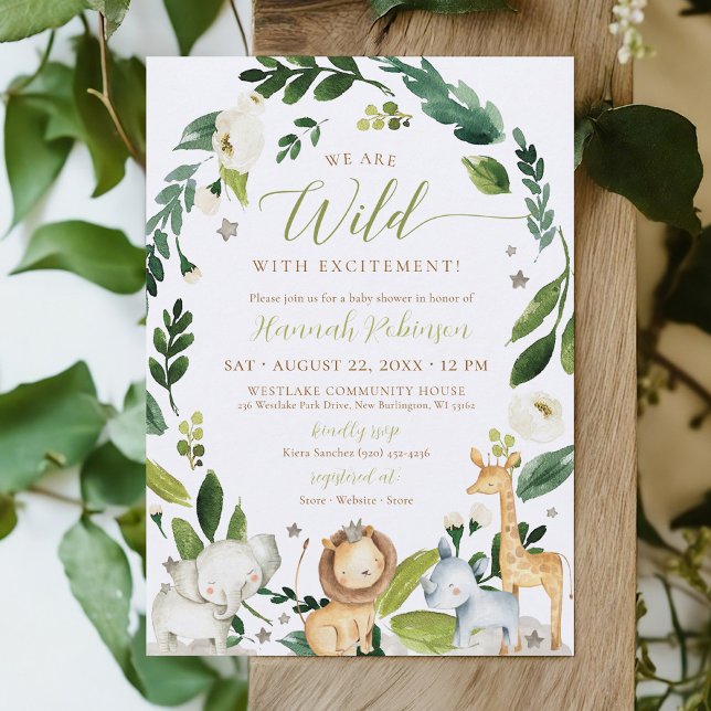 Invitation Cute Wild Jungle Safari Animaux Baby shower Garçon (WILD with Excitement cute watercolor greenery wreath jungle safari animals baby boy shower invite)