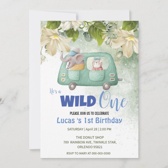 Invitation Cute Wild One Elephant Car 1er anniversaire fête (Devant)