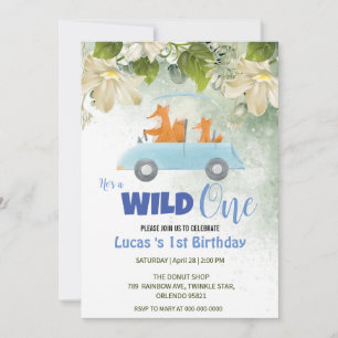 Invitation Cute Wild One Fox Animaux Voiture 1er anniversaire