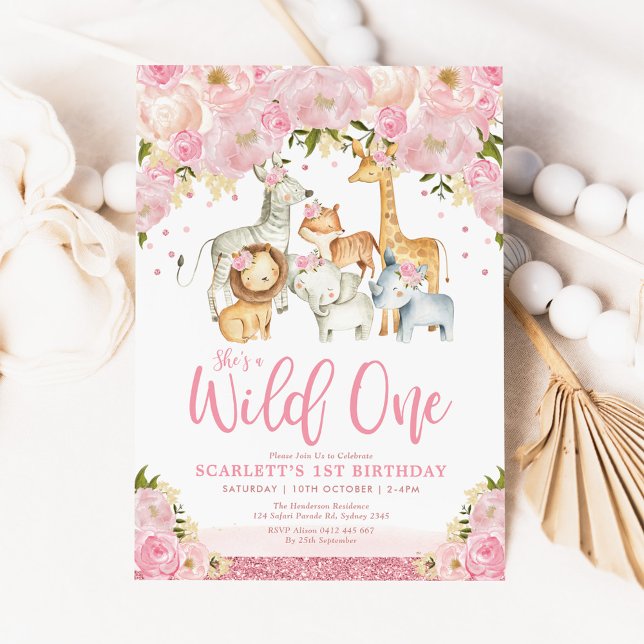 Invitation Cute Wild One Girl Safari Animaux 1er anniversaire (Créateur téléchargé)
