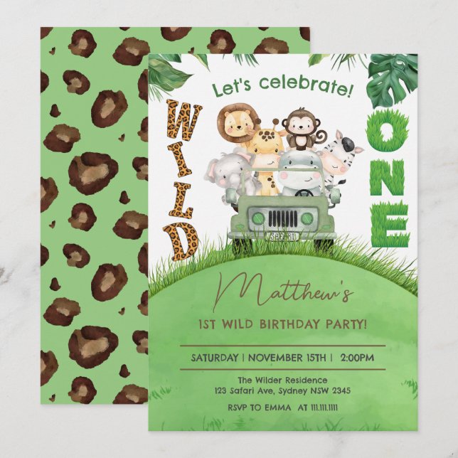 Invitation Cute Wild One Safari Animaux Jungle 1er anniversai (Devant / Derrière)