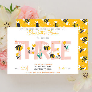 Invitation Cute Will Bientôt Abee Trois Fille Floral 3e Anniv