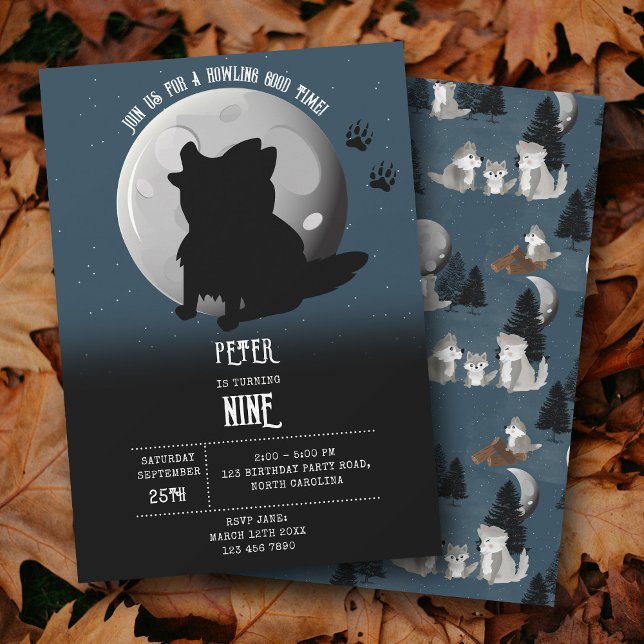Invitation Cute Wolf Woodland Moon Howling Kids Birthday (Cute Wolf Woodland Moon Howling Kids Birthday Invitation)