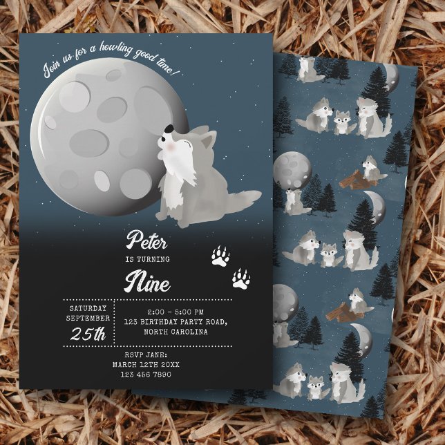 Invitation Cute Wolf Woodland Moon Howling Kids Birthday (Cute Wolf Woodland Moon Howling Kids Birthday Invitation)