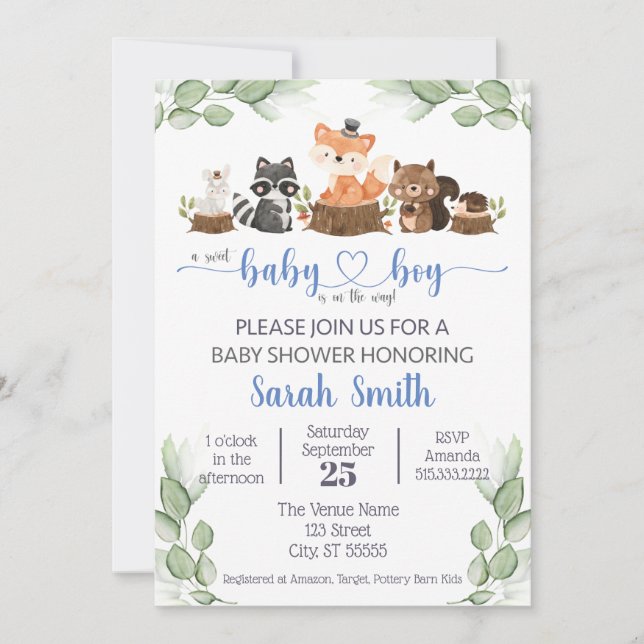 Invitation Cute Woodland Animal Baby Boy Douche garçon (Devant)