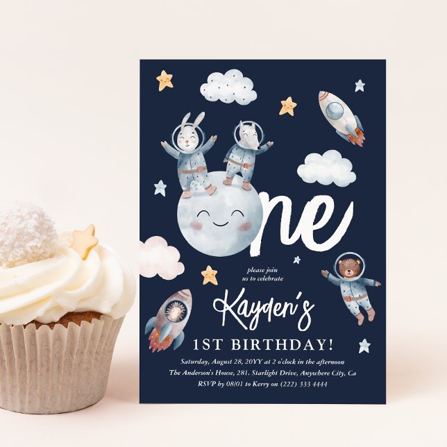 Invitation Cute Woodland Animal Space 1er anniversaire (Cute Space Woodland Animals 1st Birthday Party Invitation)