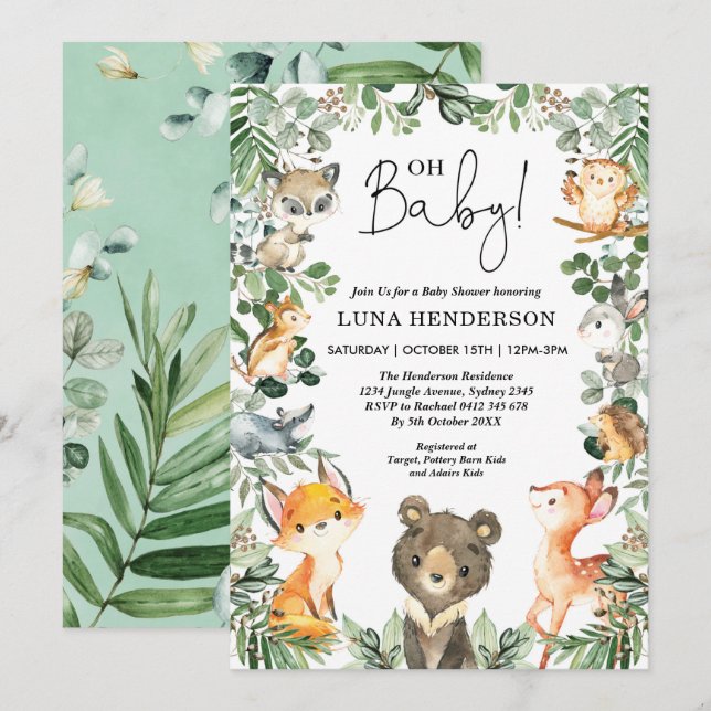 Invitation Cute Woodland Animaux Baby shower Forêt Végétation (Devant / Derrière)