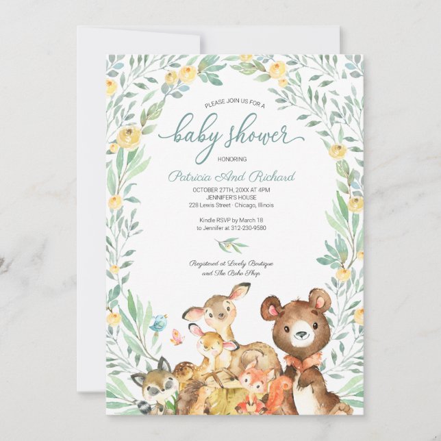 Invitation Cute Woodland Animaux Baby shower verdoyant (Devant)