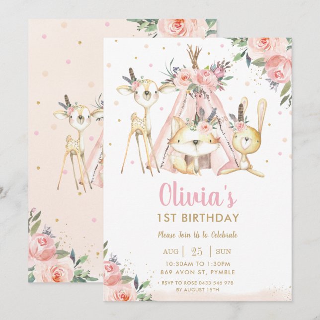 Invitation Cute Woodland Animaux Boho Tribal Girl Anniversair (Devant / Derrière)