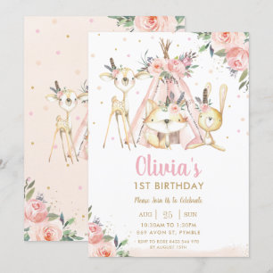 Invitation Cute Woodland Animaux Boho Tribal Girl Anniversair