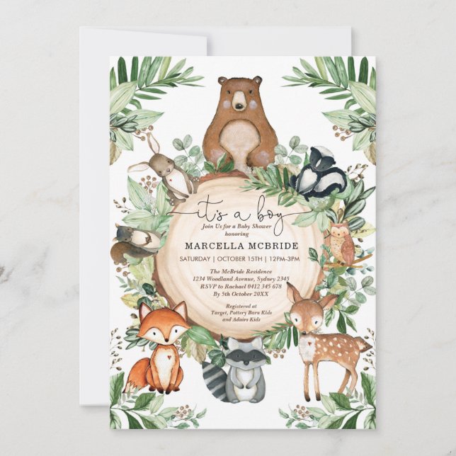 Invitation Cute Woodland Animaux Rustic Greenery Baby shower (Devant)
