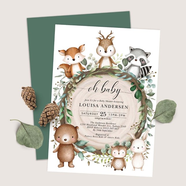 Invitation Cute Woodland Animaux Rustic Greenery Baby shower (Créateur téléchargé)