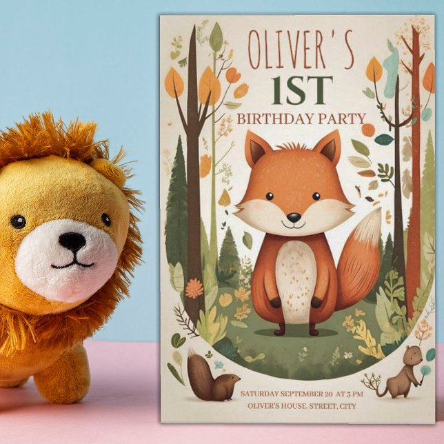 Invitation Cute Woodland Forest Animaux 1ère fête d'anniversa (Créateur téléchargé)