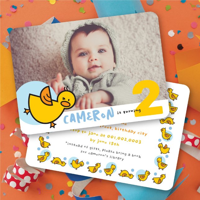 Invitation Cute Yellow Duckies Blue Photo Boy Anniversaire (Cute Yellow Duckies Blue Photo Boy Birthday Party Invitation @ fat_fa_tin)