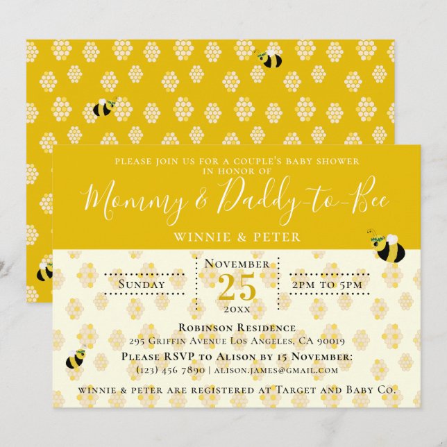 Invitation Cute Yellow Honeycomb Baby shower de Bee Couple (Devant / Derrière)