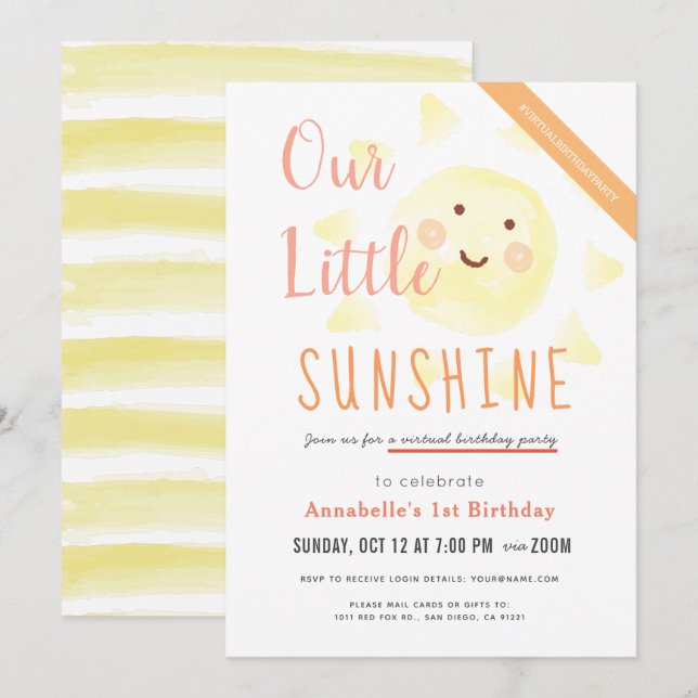 Invitation Cute Yellow Sunshine Girl Anniversaire virtuel (Devant / Derrière)