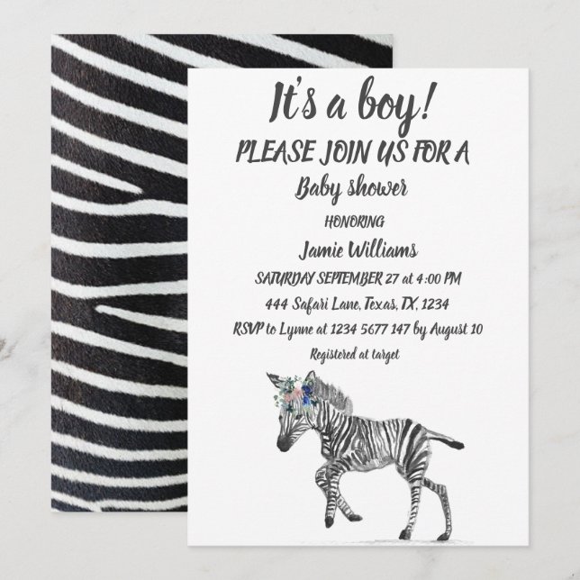 Invitation Cute Zebra Safari Jungle animal motif Baby Boy (Devant / Derrière)