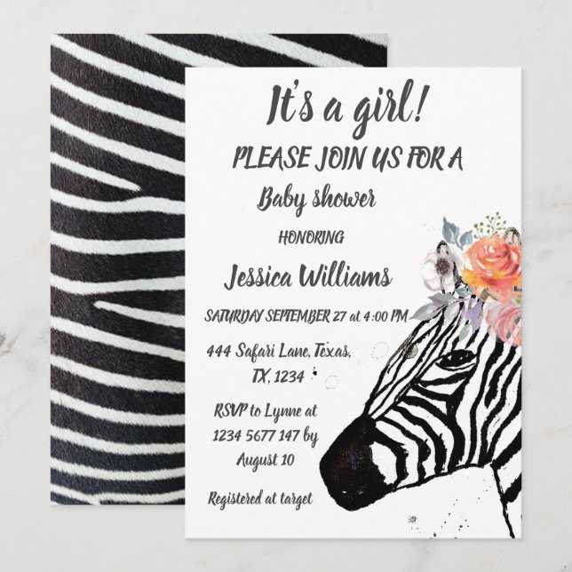 Invitation Cute Zebra Safari Jungle animal motif Baby girl (Devant / Derrière)