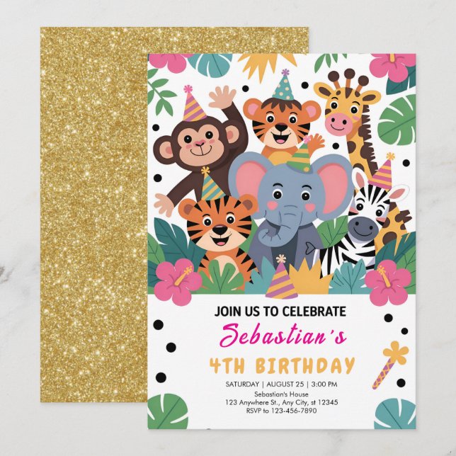 Invitation Cute Zoo Animal Kids Party (Devant / Derrière)