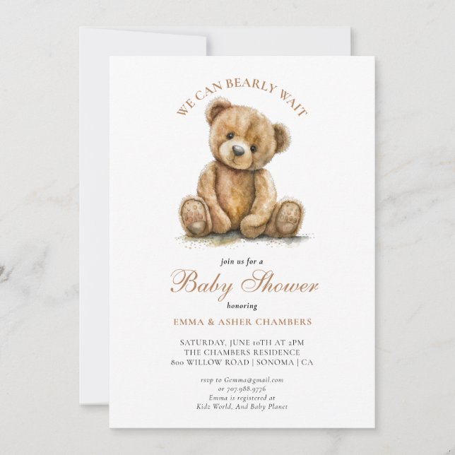 Invitation CuteWe Can Bearly Wait Teddy Bear Baby shower (Devant)