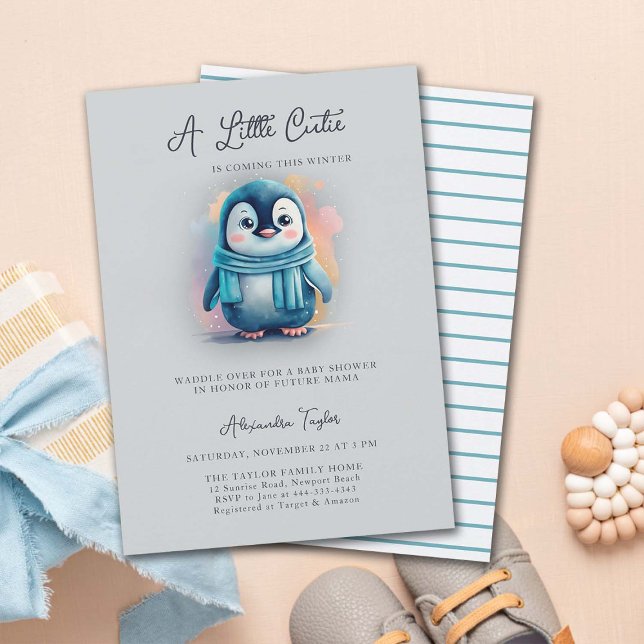 Invitation Cutie Arrive Ce Baby shower Garçon Pingouin D'Hive (penguin baby shower invitation boy cute adorable sweet character watercolor cold snow winter)