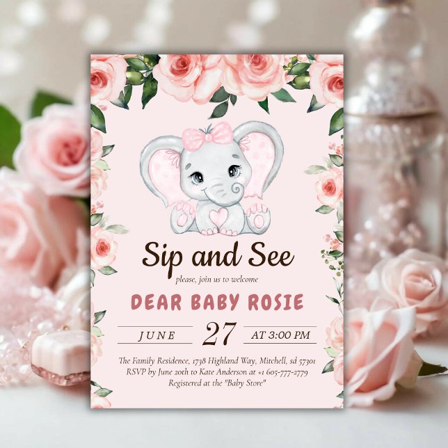 Invitation Cutie Elephant Blush Rose Floral Sip Voir (Cutie Elephant Blush Pink Floral Sip and See Invitation)