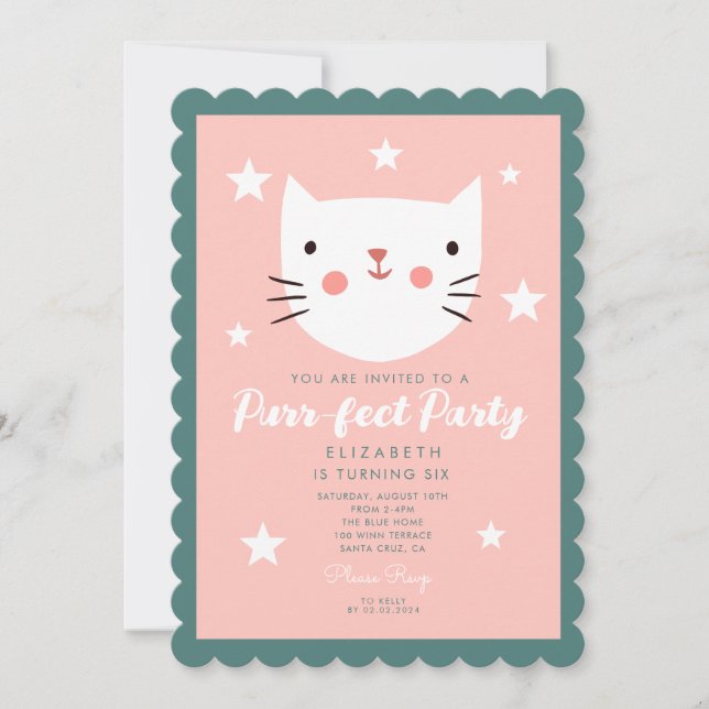 Invitation Cutie Kitty Rose Vert Violet Étoiles Anniversaire (Devant)