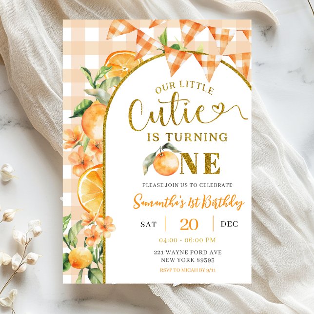 Invitation Cutie Orange Gingham 1st birthday (Créateur téléchargé)