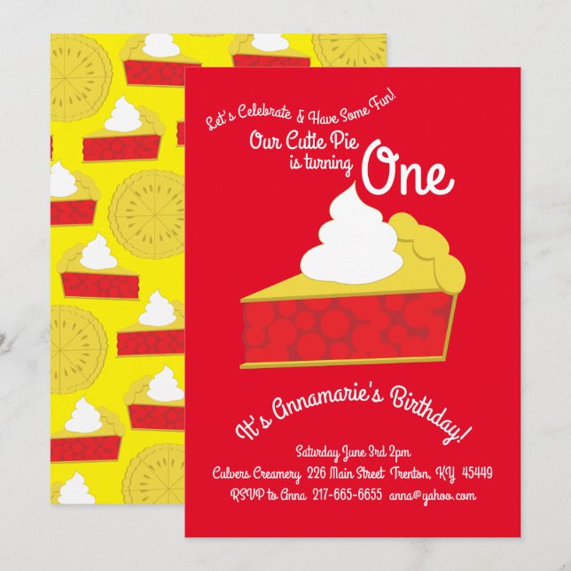 Invitation Cutie Pie Cerise Pie 1er Anniversaire Cute Invitat (Devant / Derrière)