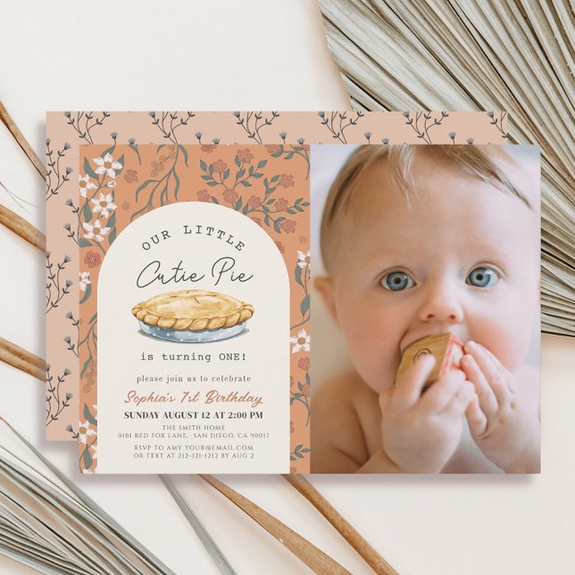 Invitation Cutie Pie Orange Floral Girl 1er Anniversaire Phot (Créateur téléchargé)
