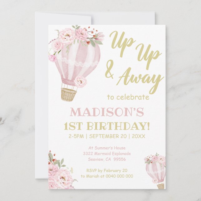 Invitation Cuties Flower Hot Air Balloon Girl 1er anniversair (Devant)