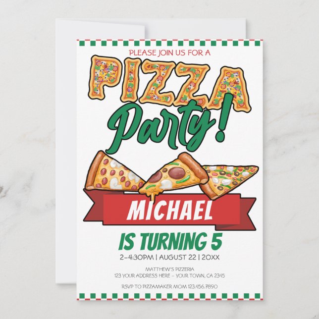Invitation Cuties Pizza Party Red Green Caro 5e anniversaire (Devant)