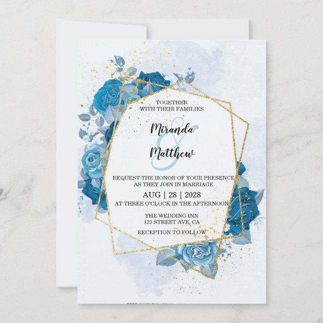 Invitation Cyan Blue Florals Gold Mariage géométrique (Devant)