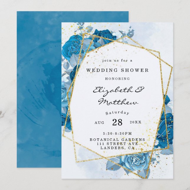 Invitation Cyan Blue Florals Gold Wedding shower géométrique (Devant / Derrière)