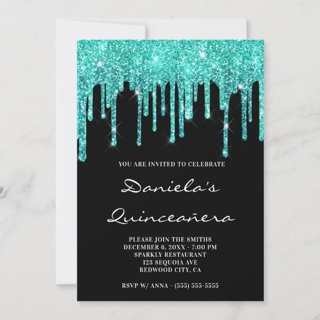 Invitation Cyan Turquoise Parties scintillant Drives Black Qu (Devant)