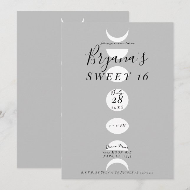 Invitation Cycles de phases lunaires gris et blanc Douce 16 (Devant / Derrière)