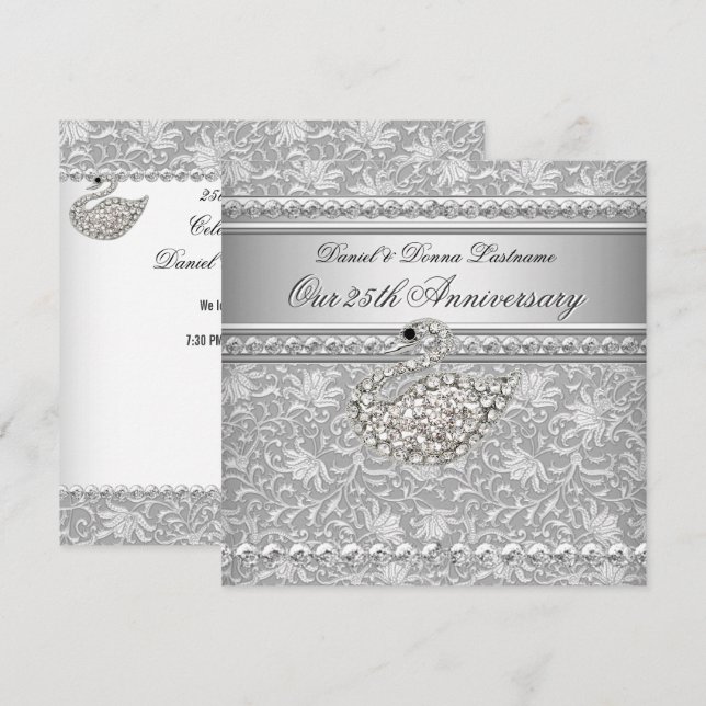Invitation Cygne élégant en argent et damas 25e anniversaire  (Devant / Derrière)