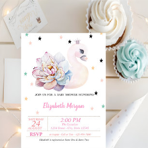 Invitation Cygne, Fleur, Étoiles, Princesse  Baby Shower