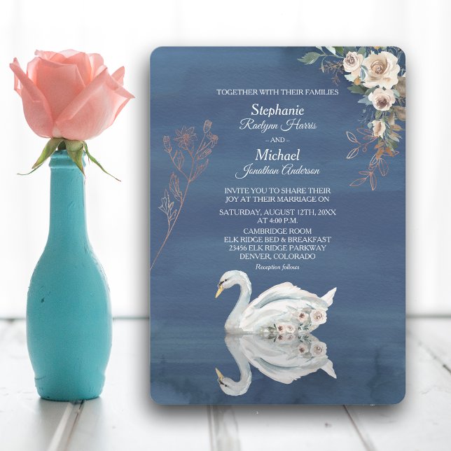 Invitation Cygne floral blanc sur Mariage bleu (Créateur téléchargé)